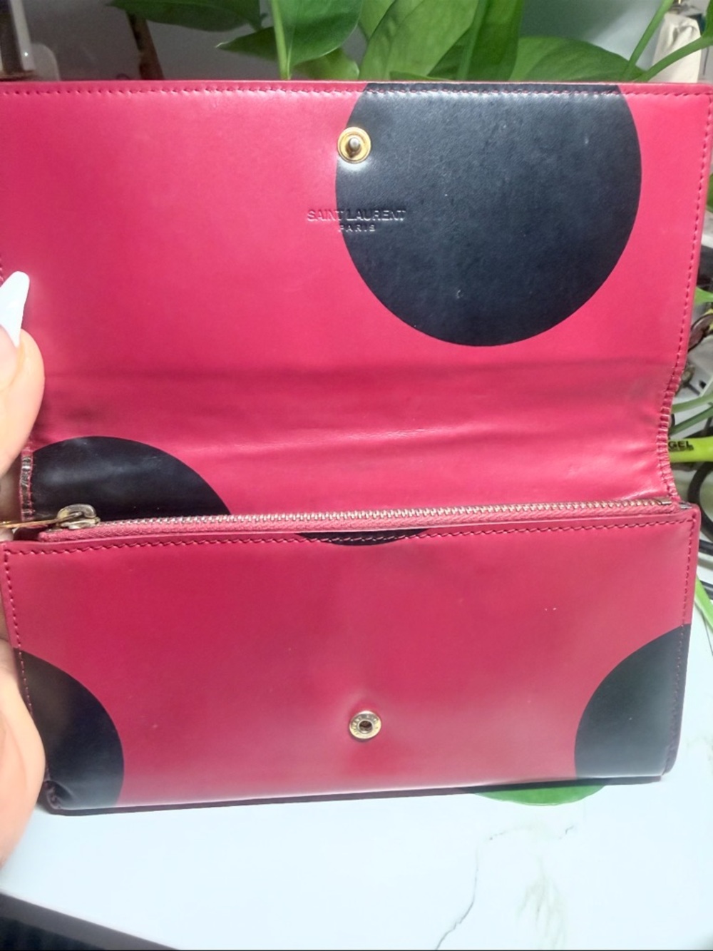 Saint Laurent Pink Wallet with Black Polka Dot Accents